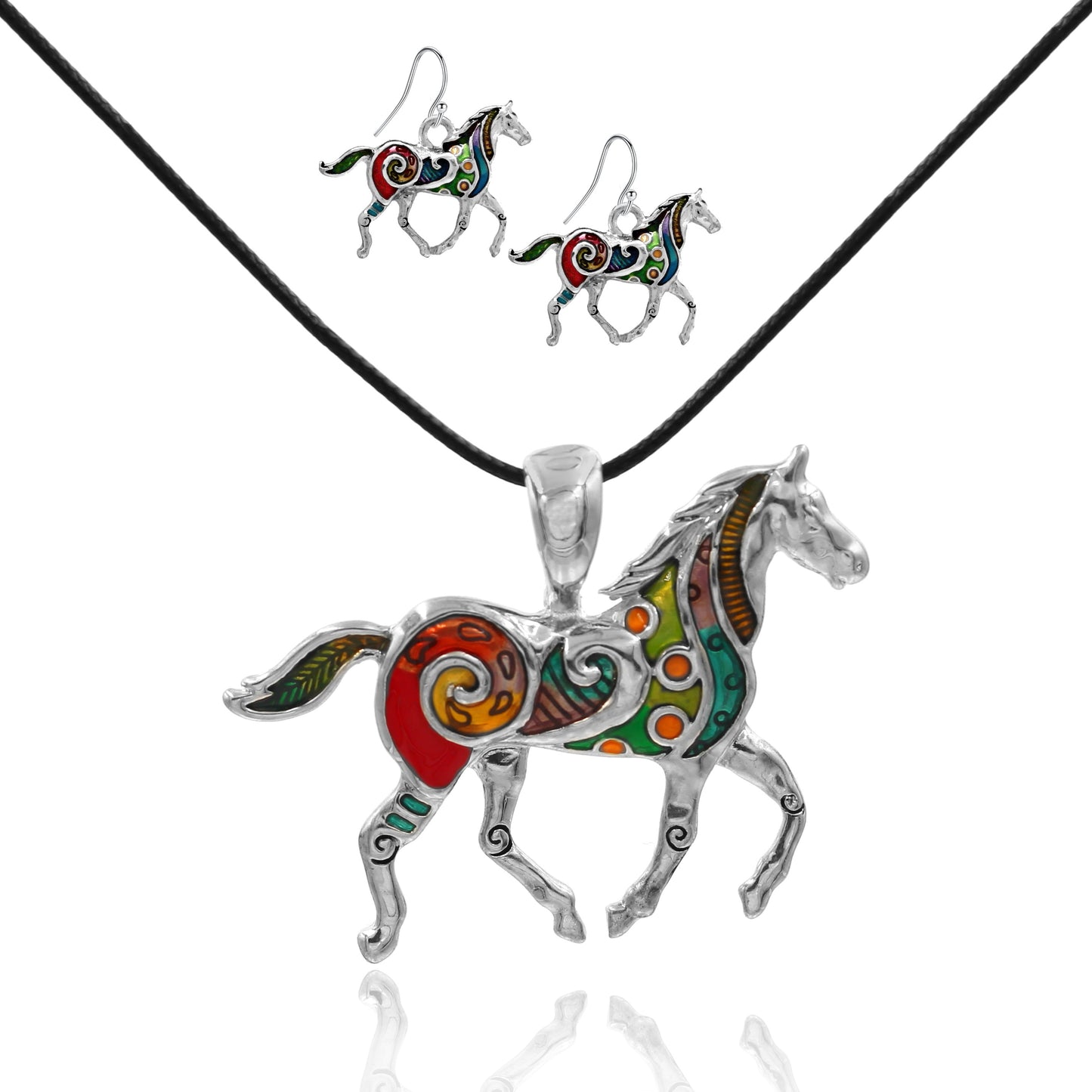 Silvertone Rainbow Mosaic Horse Necklace and Earring Set