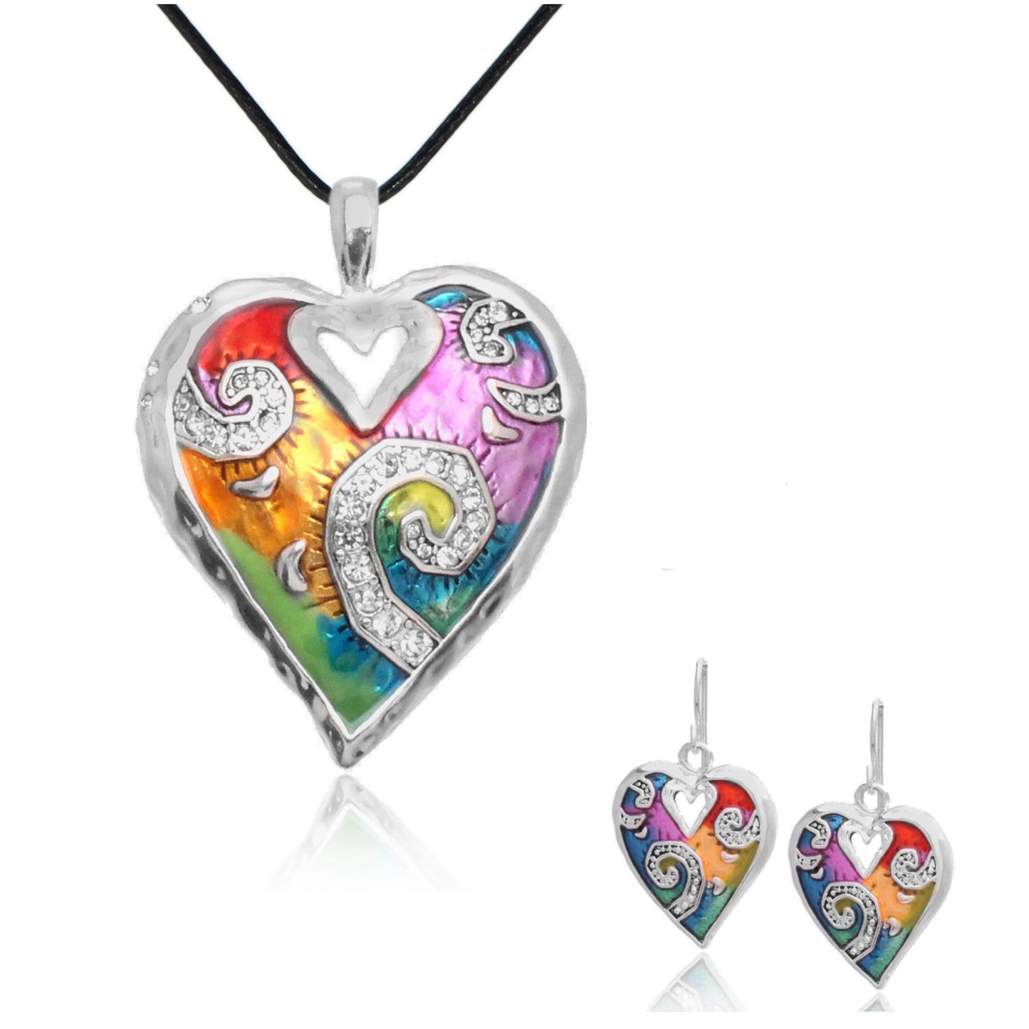 Silvertone Rainbow Mosaic Heart Necklace and Earring Set