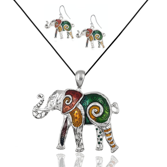 Silvertone Rainbow Mosaic Elephant Necklace and Earring Set