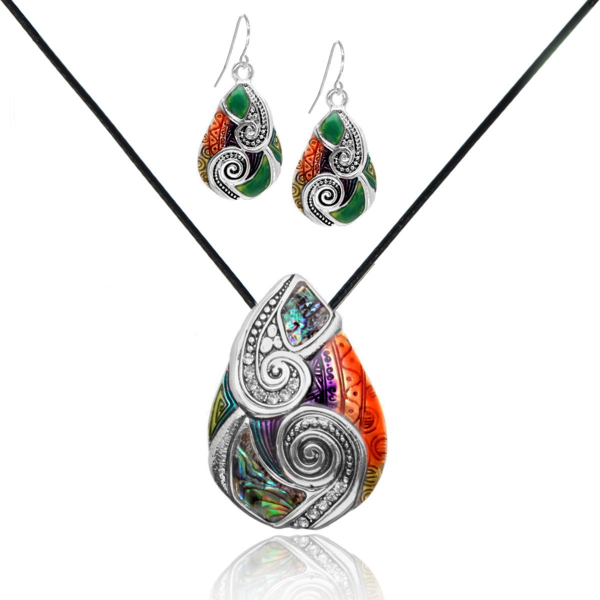 Silvertone Rainbow Mosaic Teardrop Necklace and Earring Set