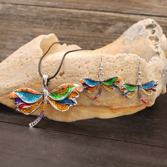 Silvertone Rainbow Mosaic Dragonfly Necklace and Earring Set