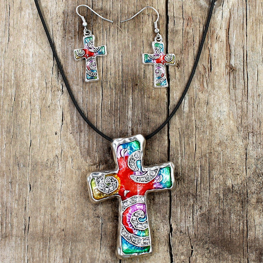 Silvertone Rainbow Mosaic Cross Necklace and Earring Set