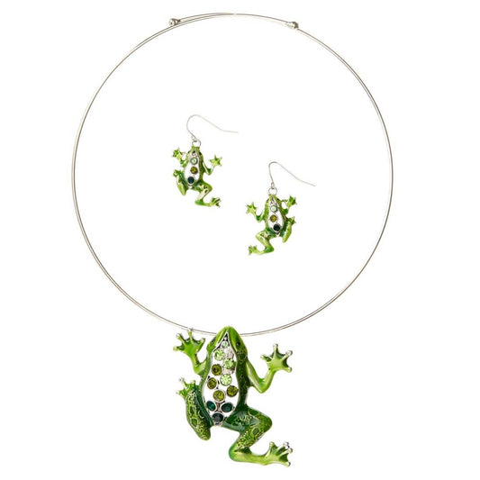 Silvertone Green Rhinestone Studded Frog Pendant and Earrings Jewelry Set