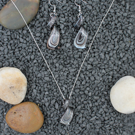 Sterling Silver Jet Black Tornado Glass Earrings and Necklace Pendant Set
