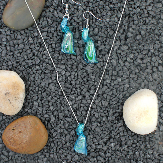 Sterling Silver Aqua Blue Tornado Glass Earrings and Necklace Pendant Set