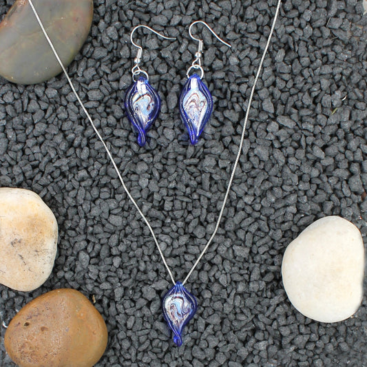 Sterling Silver Cobalt Blue Twisted Leaf Glass Earrings and Necklace Pendant Set