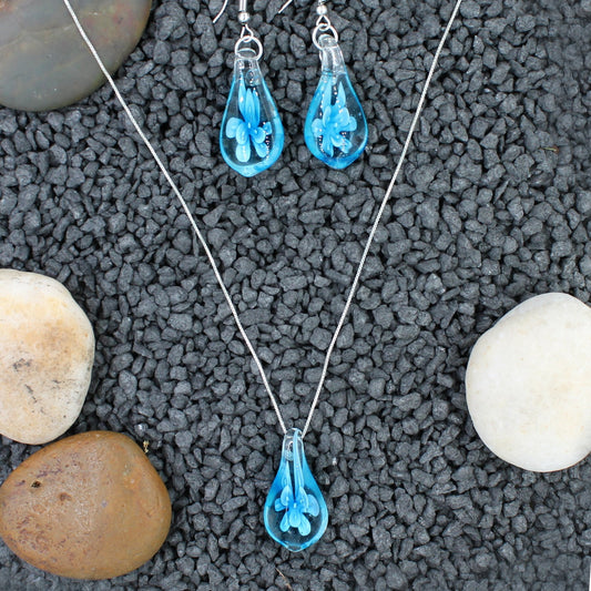 Sterling Silver Aqua Blue Teardrop Flower Glass Earrings and Necklace Pendant Set