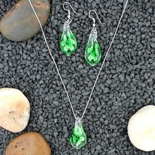 Sterling Silver Green Flower Teardrop Glass Earrings and Necklace Pendant Set