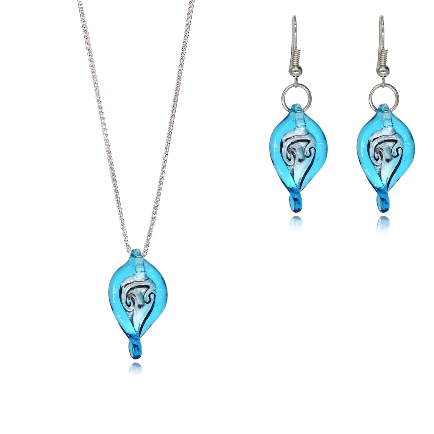 Sterling Silver Aqua Blue Leaf Glass Earrings and Necklace Pendant Set Hypoallergenic Italian Style Jewelry