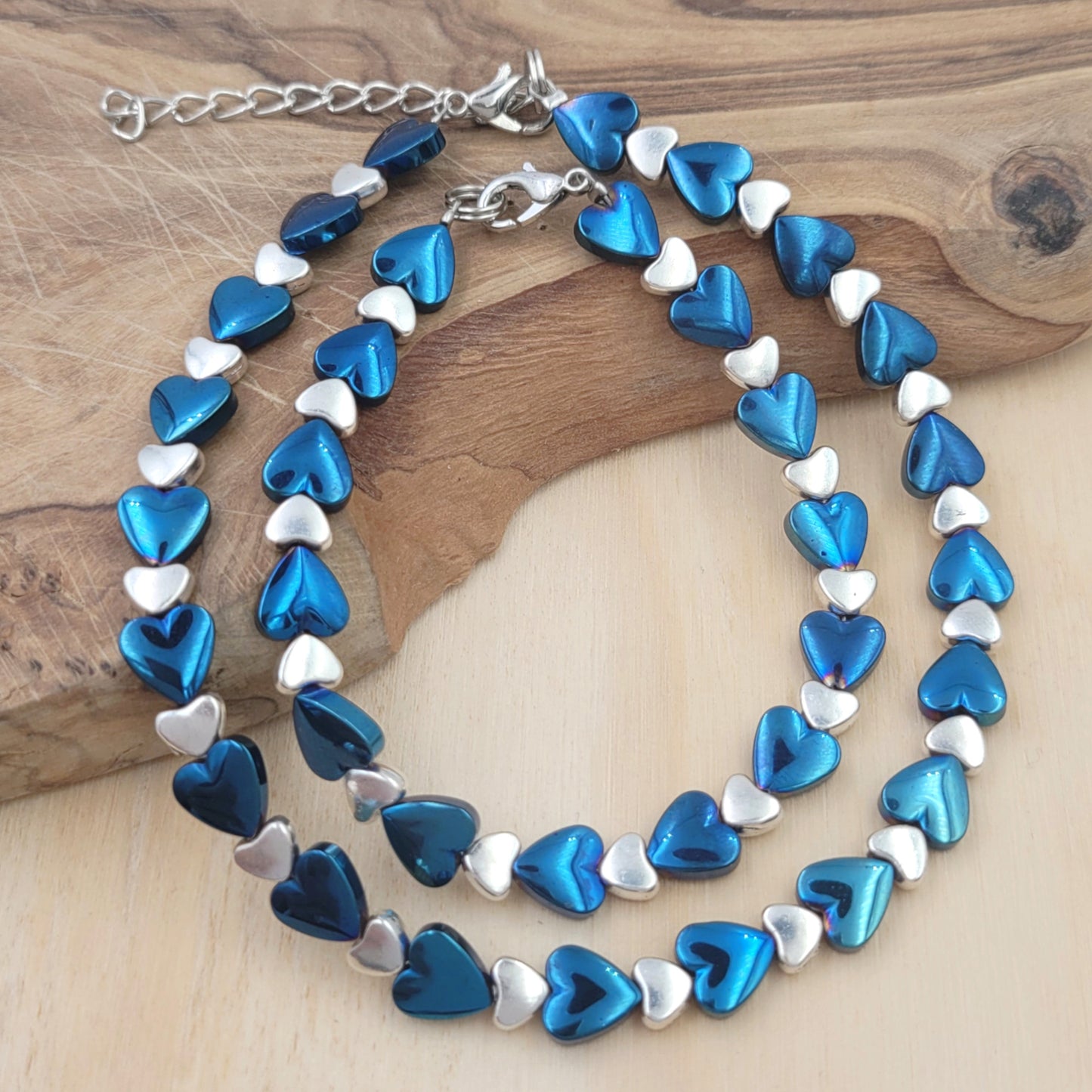 Blue hematite heart Anklet and Bracelet Set