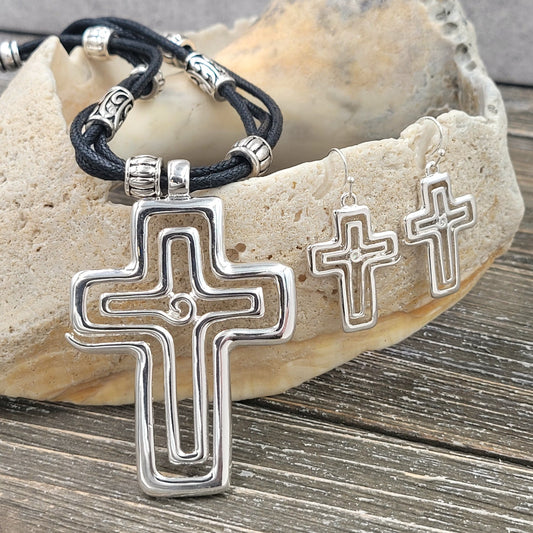 Silvertone Hammered and Black Braided Cross Necklace Set