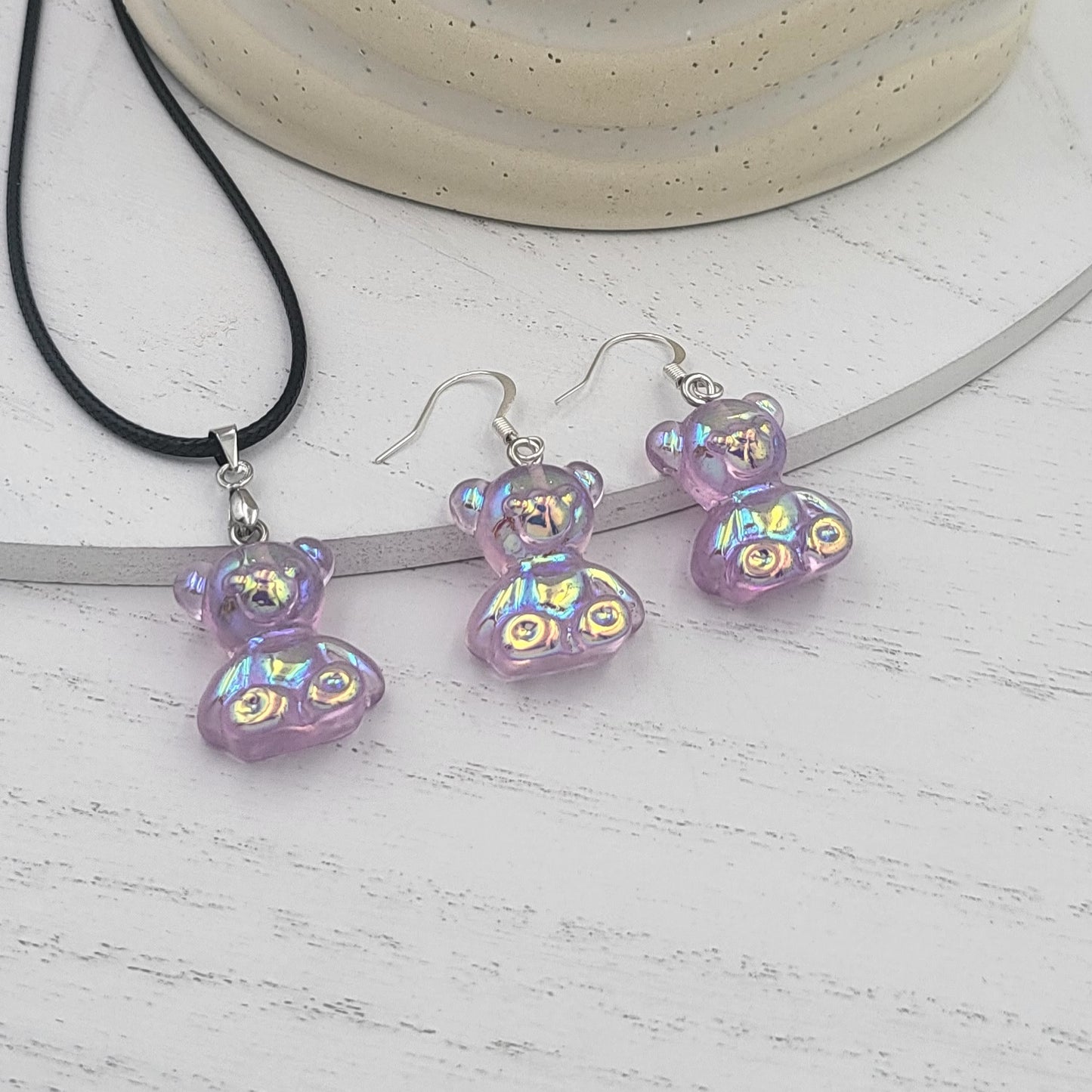 BESHEEK Silvertone and Purple Resin Gummy Bear Jewelry Set | Hypoallergenic Boho Kitchsy Artistic Funky Cute Style Fashion Necklace and Earrings