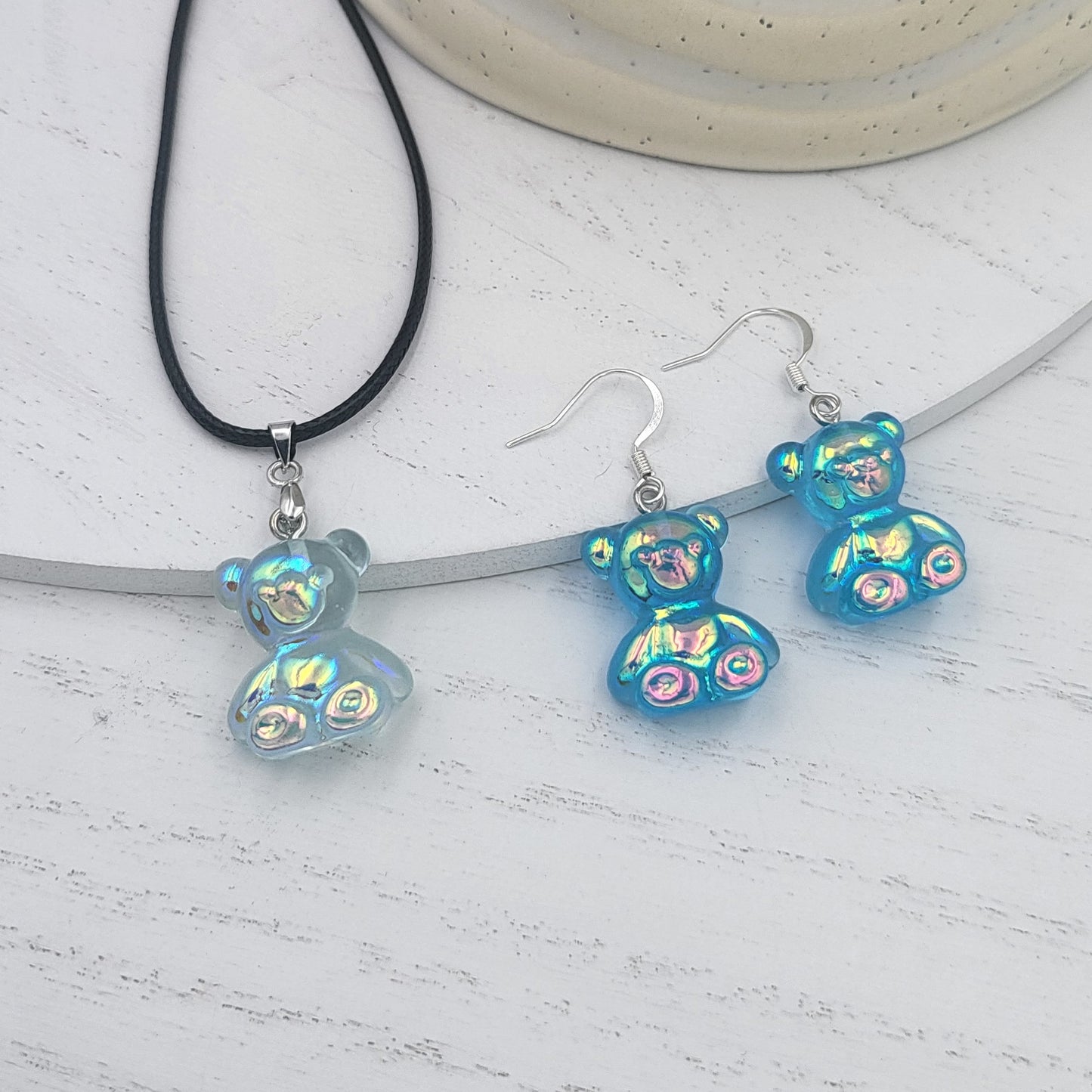 BESHEEK Silvertone and Blue Resin Gummy Bear Jewelry Set | Hypoallergenic Boho Kitchsy Artistic Funky Cute Style Fashion Necklace and Earrings