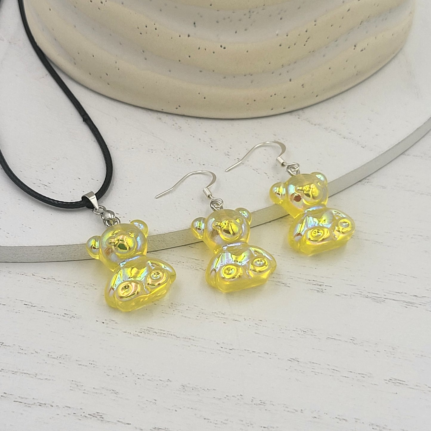 BESHEEK Silvertone and Yellow Resin Gummy Bear Jewelry Set | Hypoallergenic Boho Kitchsy Artistic Funky Cute Style Fashion Necklace and Earrings