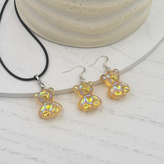 BESHEEK Silvertone and Orange Resin Gummy Bear Jewelry Set | Hypoallergenic Boho Kitchsy Artistic Funky Cute Style Fashion Necklace and Earrings