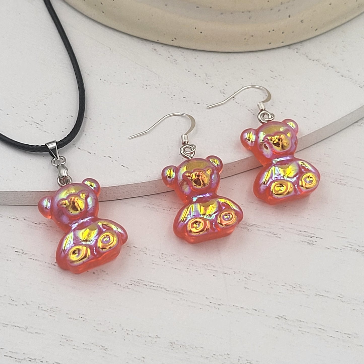 BESHEEK Silvertone and Red Resin Gummy Bear Jewelry Set | Hypoallergenic Boho Kitchsy Artistic Funky Cute Style Fashion Necklace and Earrings