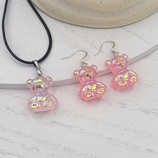 BESHEEK Silvertone and Pink Resin Gummy Bear Jewelry Set | Hypoallergenic Boho Kitchsy Artistic Funky Cute Style Fashion Necklace and Earrings