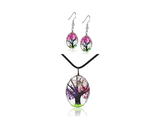 Pink, Purple and White blossom tree Glass Pendant and Earrings Necklace Set